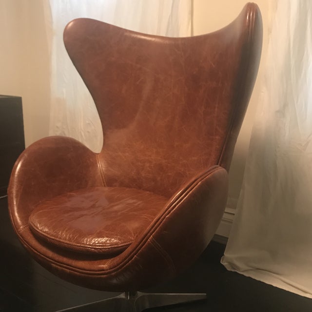 Arne Jacobsen Style Cognac Leather Egg Chair Chairish