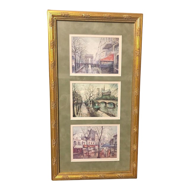 Vintage Framed Triptych Parisian Street Scenes Lithograph Prints by Georges B. For Sale