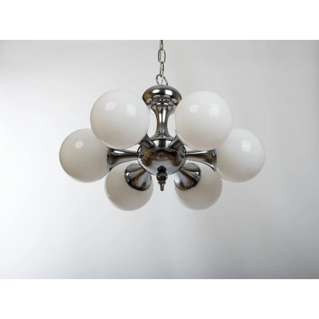 1960s Nickel Plated Chandelier & Ball Opal Glass Globes For Sale - Image 4 of 11