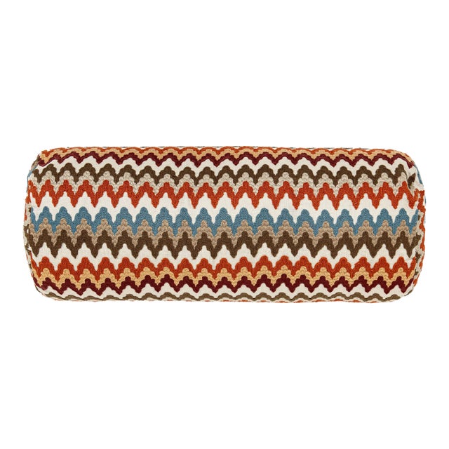 Scalamandre 21" x 7" Rainbow Mountain Crewel Bolster Pillow in Autumn For Sale