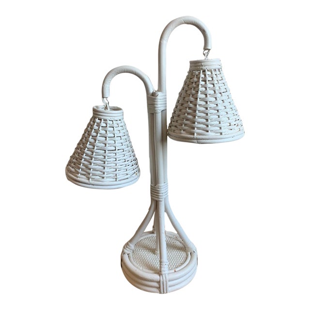 Mid-20th Century White French Boho Double Rattan Table Lamp Manner of Louis Sognot For Sale