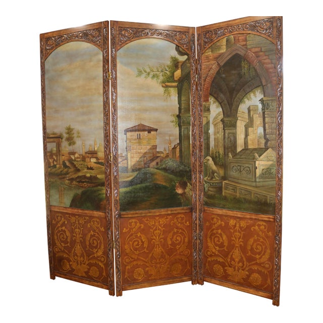 Italian Vintage Hand Carved Wood Room Divider Screen With Painted Scene of Tuscany Landscape For Sale