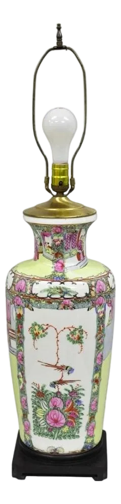 Vintage Chinese Porcelain Jardiniere Vase Hand Painted Green White Table Lamp