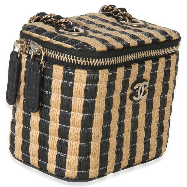 Boho Chic Black Beige Raffia Jute Striped Mini Vanity Case With Chain For Sale - Image 3 of 9