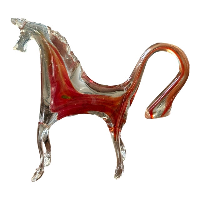 Mid 20th Century Hand Blown Murano Style Glass Horse Figurine With Red Core For Sale