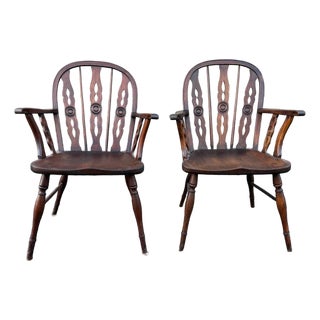Pair of 19th Century Low Back Solid Wood Windsor Armchairs For Sale