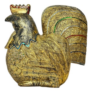 1980s Large Solid Wood Carved Golden Rooster Sculpture For Sale