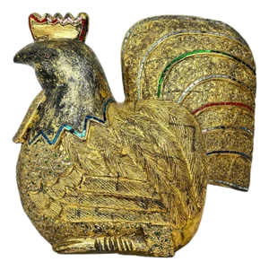 Vintage Large Solid Wood Carved Golden Rooster Sculpture