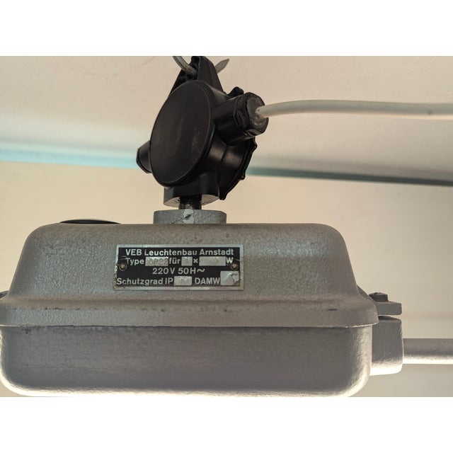 East german (gdr) neon industrial light, aluminum body and light bar painted silver with hammered finish, lamp socket and...