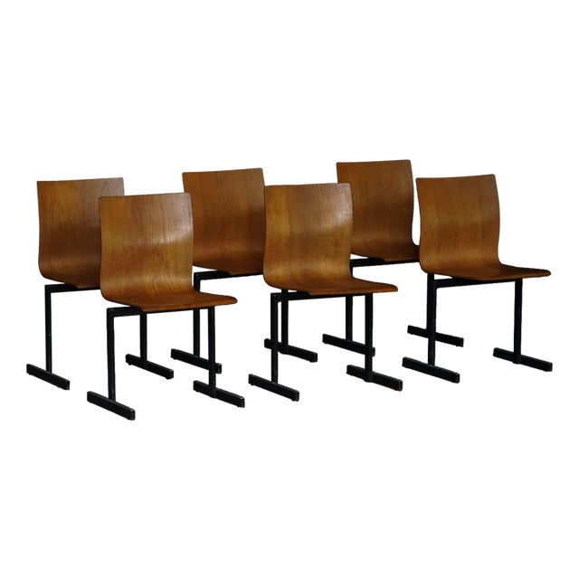 Industrial Stackable Chairs in Black Metal and Oak attributed to Niels Larsen, 1960s, Set of 6 For Sale