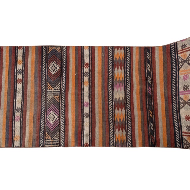 Auburn Mid Century Turkish Long Kilim Runner With Modern Design For Sale - Image 8 of 13