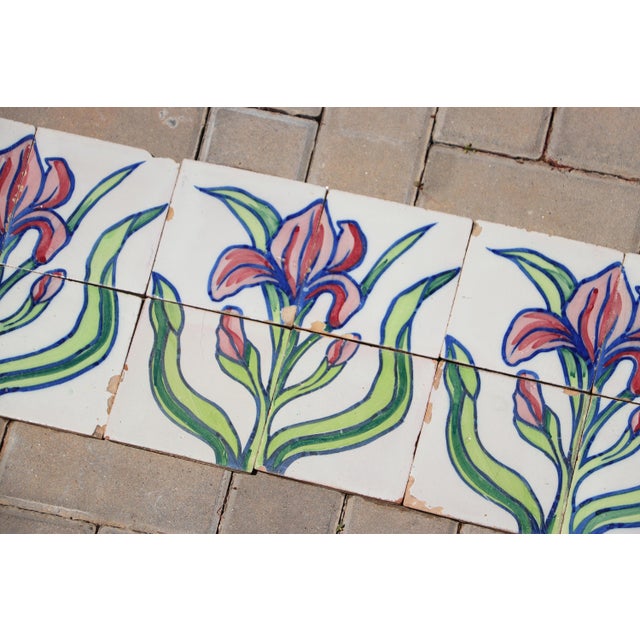 1900s Antique Portuguese Art Nouveau Tile Frieze With Stylized Iris Motif For Sale - Image 6 of 10