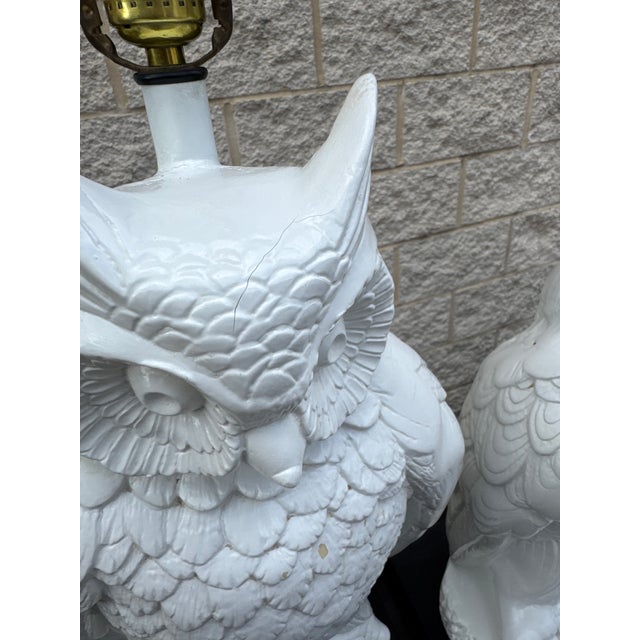 Vintage Hollywood Regency White Ceramic Owl Table Lamps - Pair For Sale In Philadelphia - Image 6 of 12