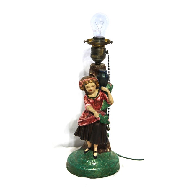 1930s 1930s American Chalkware Lamp of a Lady With Pot. Original Paint, Cord and Pull Chain For Sale - Image 5 of 10