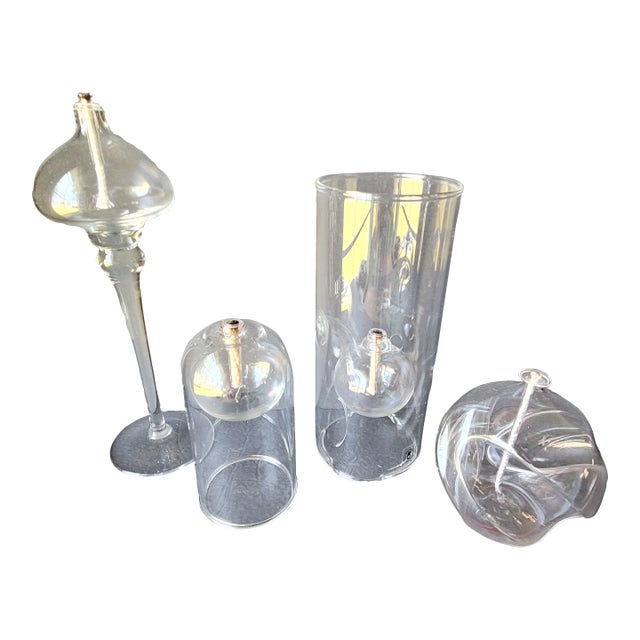 Vintage Mid-Century Modern Handblown Clear Glass Oil Lamp Wolfard Glassblowing Co - Set of 4 For Sale
