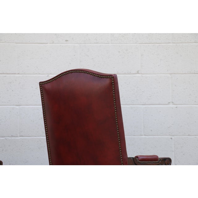 Maroon Pair of Vintage English Regency Style Leather Armchairs | Carved Wood Frame, Nailhead Trim For Sale - Image 8 of 18