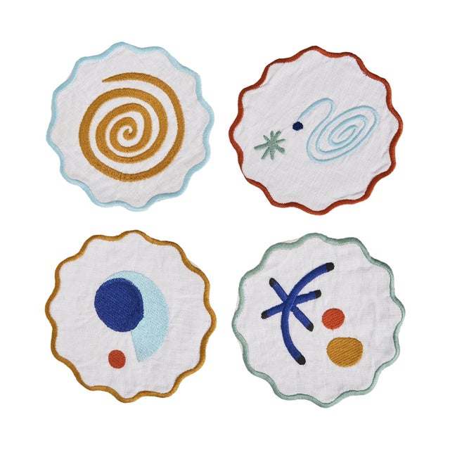 Our Celestial Collection coasters are embroidered with dreamy motifs inspired by fantastical surrealist art, and are...