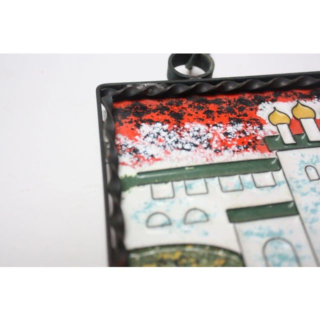 Green Vintage Russian Enamel on Copper Cityscape For Sale - Image 8 of 13