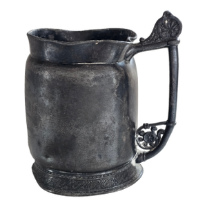 Antique Hand-Formed Pewter Mug With Ornate Handle and Inscription