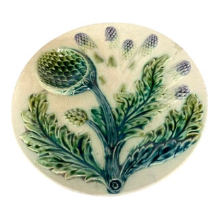 Antique Late 1800s Luneville Barbotine Majolica Asparagus and Artichoke Plate For Sale