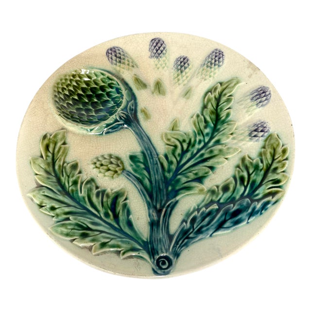Antique Late 1800s Luneville Barbotine Majolica Asparagus and Artichoke Plate For Sale
