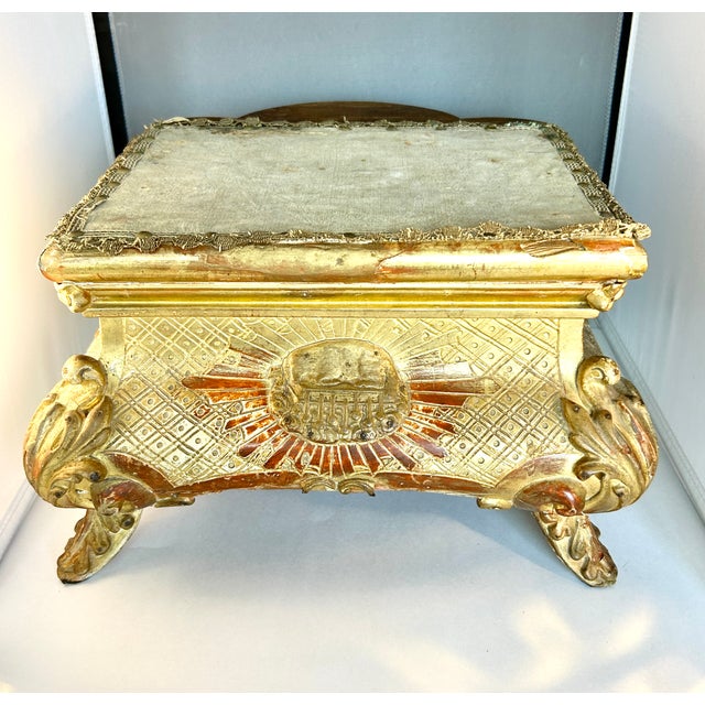 19th Century French carved and gilded altar stand, display riser to elevate ecclesiastic statue or reliquary. Bombe shape...