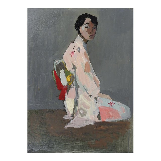 Mid 20th Century Portrait Japanese Woman in Pink Kimono Painting For Sale