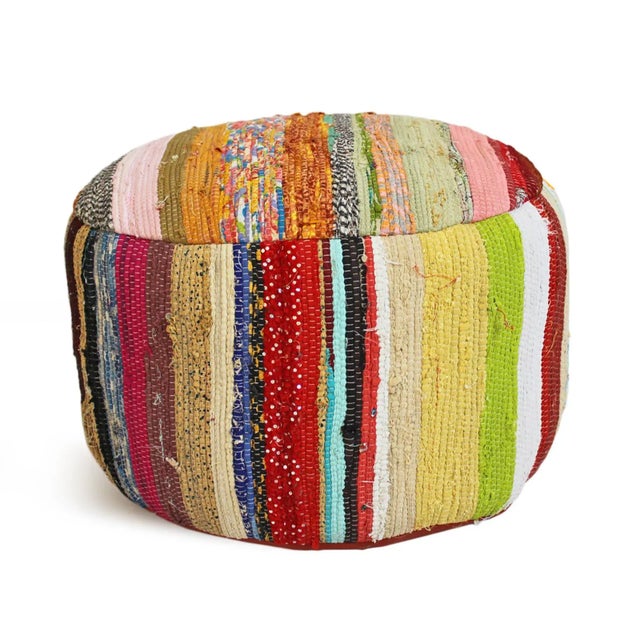 Repurposed original Indian sari cloth remnants hand woven to create a fun and colorful pouf / stool / ottoman. Each is...