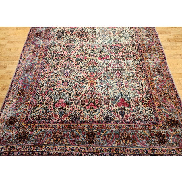 Vintage Oversized Persian Kerman Lavar Rug, Hand-Knotted Wool, Allover Floral Vase Pattern, Ivory & Turquoise, 9’ X 14’ For Sale - Image 11 of 18