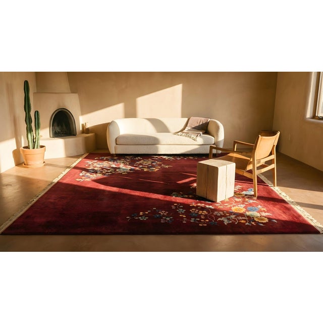 1930s Deep Red Floral Antique Chinese Art Deco Rug 8'9" X 11'4" Knotted Wool Carpet For Sale - Image 10 of 12