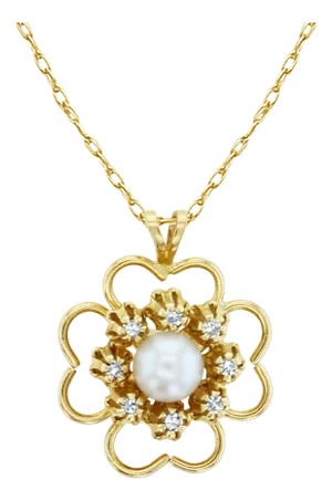 Flower Shaped Pearl Center with Diamond Halo Necklace 14k Yellow Gold 16"