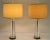 A pair of Mid-Century Modern cone Art Glass and chrome table lamps, Drum Shades and Glass finials. The blown Art Glass...
