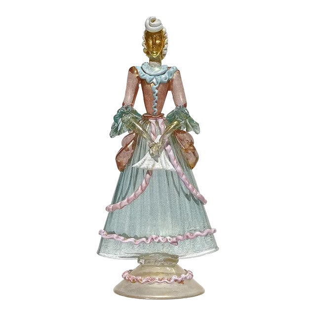 Murano Victorian Dress Woman Pink Blue White Gold Flecks Vintage Italian Art Glass Figure Sculpture For Sale