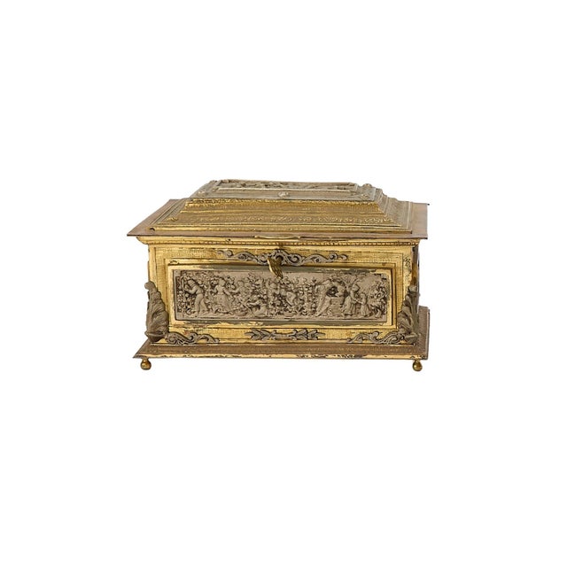 Early 20th Century Antique Spanish Gilt Bronze / Silvered Casket Box Lined Interior Decorative Box For Sale - Image 5 of 7