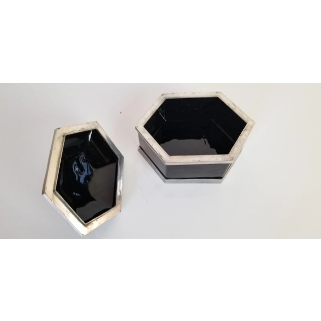 Hollywood Regency Vintage Italian Black Glass and Silver Hexagonal Jewelry Box For Sale - Image 3 of 9