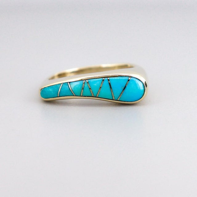 Turquoise Vintage Modernist 14k Gold & Turquoise Cabochon Cocktail Ring For Sale - Image 8 of 14