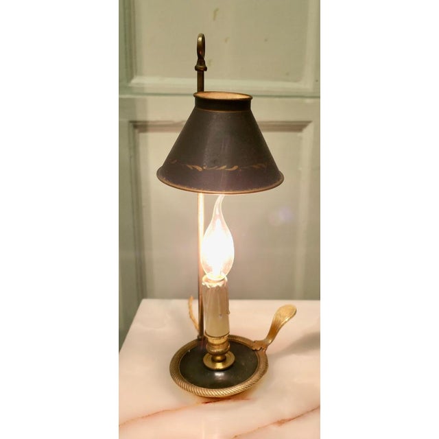 French Green and Gold Toleware and Brass Candle Lamp A lovely piece, a brass Bouillotte in the form of a single candles...