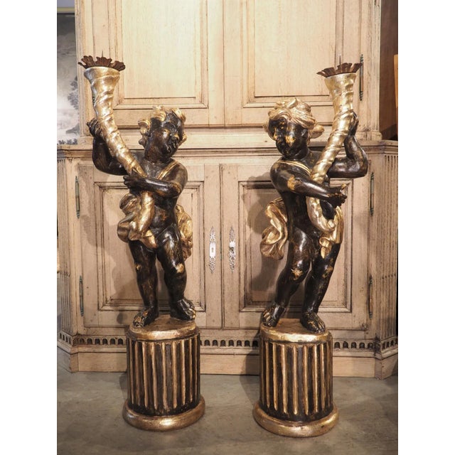 Pair of Italian 18th Century Painted and Gilt Putti With Cornucopia Torcheres For Sale - Image 13 of 13