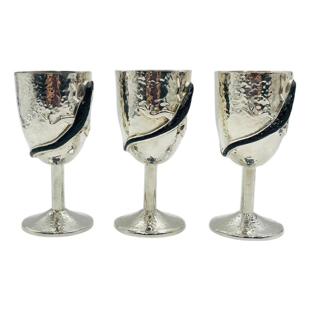 1980s Set of 3 Emilia Castillo Silver Plated Goblets With Black Onyx Lizards, Mexico For Sale