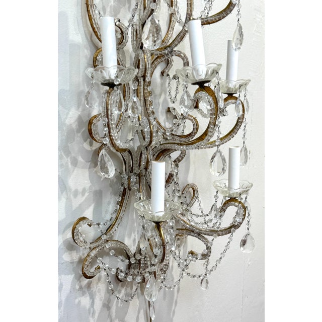 Gold Large Pair of Maria Theresa Style Crystal 7-Light Wall Sconces, Italy Circa 1950 For Sale - Image 8 of 18