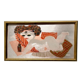 Original Mid-Century Modern Chuck Gruen Painting of Reclining Lady on Silver Foil, Framed and Signed For Sale