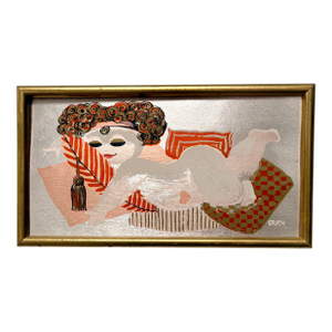 Original Mid-Century Modern Chuck Gruen Painting of Reclining Lady on Silver Foil, Framed and Signed