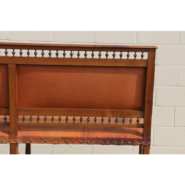 Early 20th Century Spanish Colonial Style Carved Wood and Tooled Leather Long Bench For Sale - Image 10 of 18