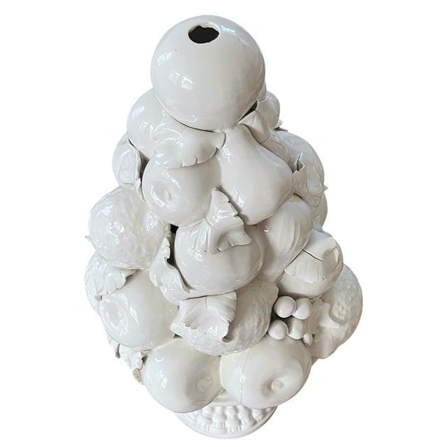 Vintage Italian White Majolica Trompe-L’œil Fruit Topiary in Two-Piece Urn, 16.5" For Sale - Image 9 of 10