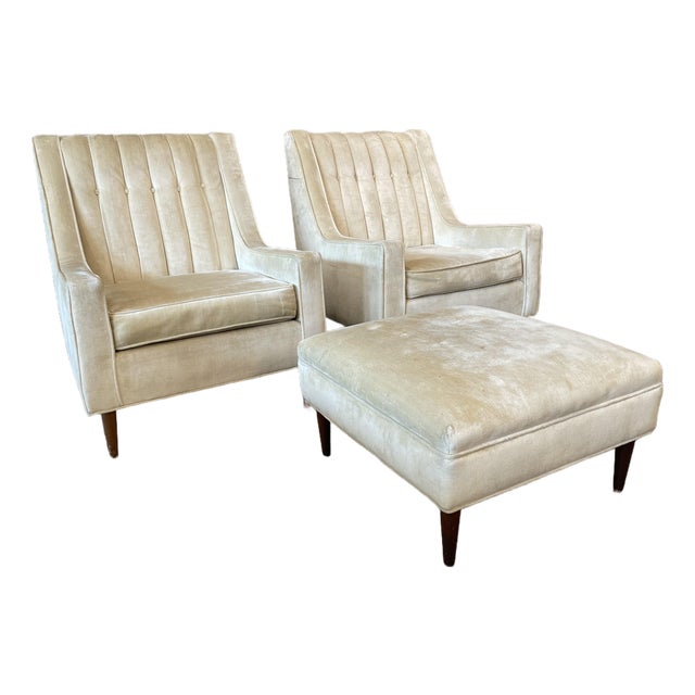 1960s Vintage Wingback Chairs - A Pair Plus Ottoman For Sale