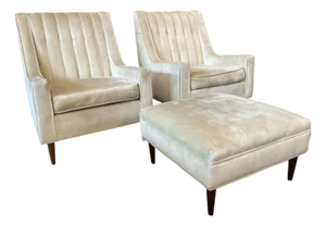 1960s Vintage Wingback Chairs - A Pair Plus Ottoman