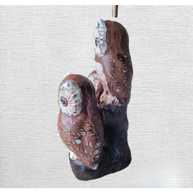 Rustic Vintage Massive Plaster 3 Owl Statues Sitting on a Birch Log Table Lamps- a Pair For Sale - Image 3 of 9