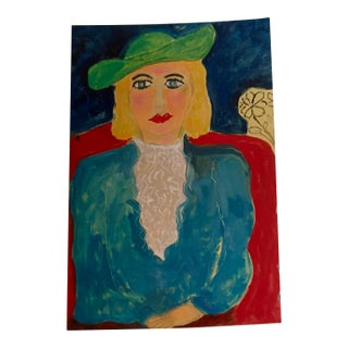 Vintage Abstract Oil Painting of a Lady Wearing a Green Hat by JoAnne Fleming, 30” X 28” For Sale