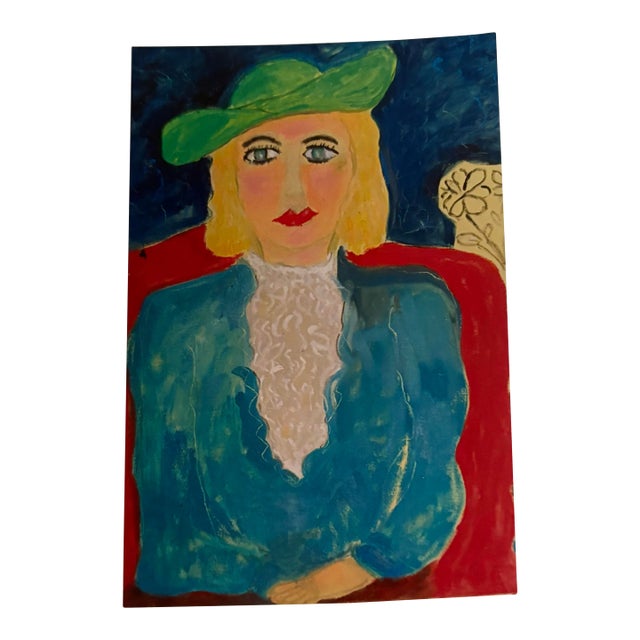 Vintage Abstract Oil Painting of a Lady Wearing a Green Hat by JoAnne Fleming, 30” X 28” For Sale
