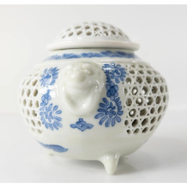Early 20th Century Japanese Blue and White Reticulated Censer For Sale - Image 5 of 11